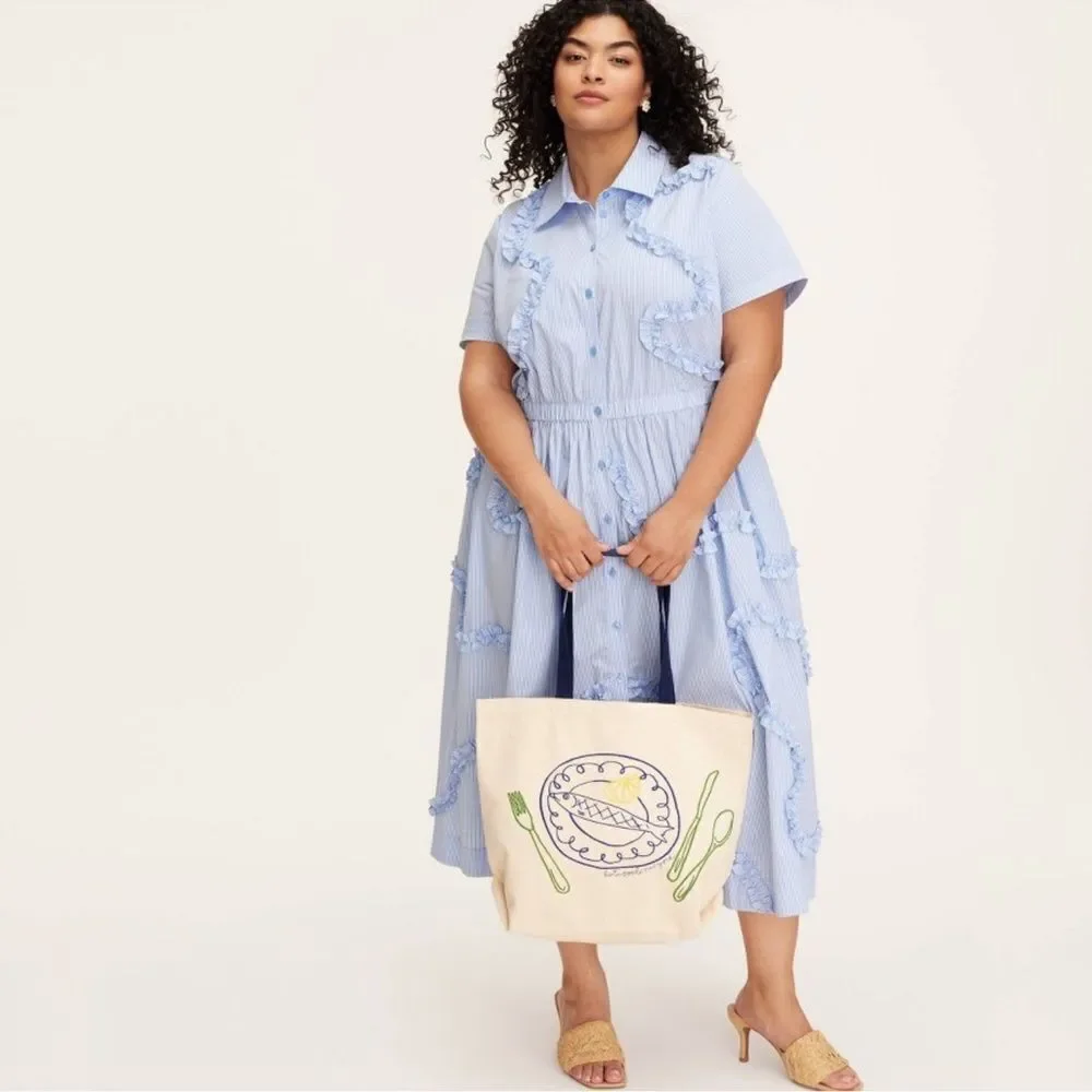kate spade x Target Natural Navy Blue Green Fish Embroidered Canvas Tote